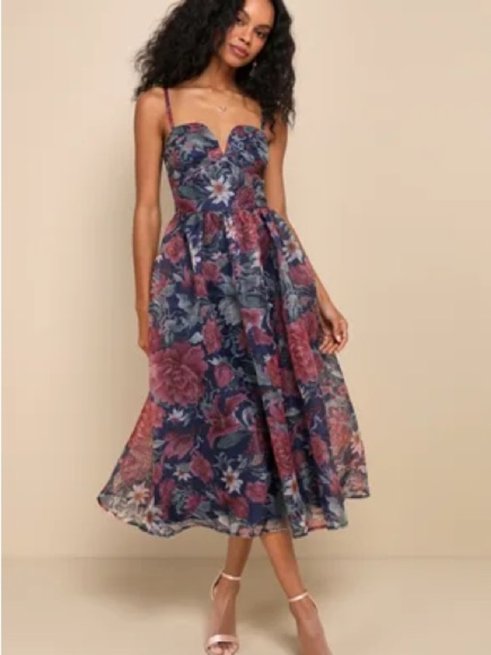 Cherished Aura Navy Blue Floral Organza Bustier Midi Dress
